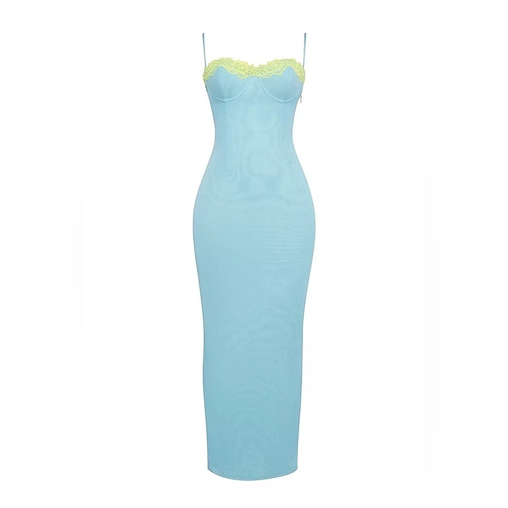 HOUSE OF CB 'Aiza' Ocean Blue Contrast Lace Maxi Dress - Picture 3 of 4